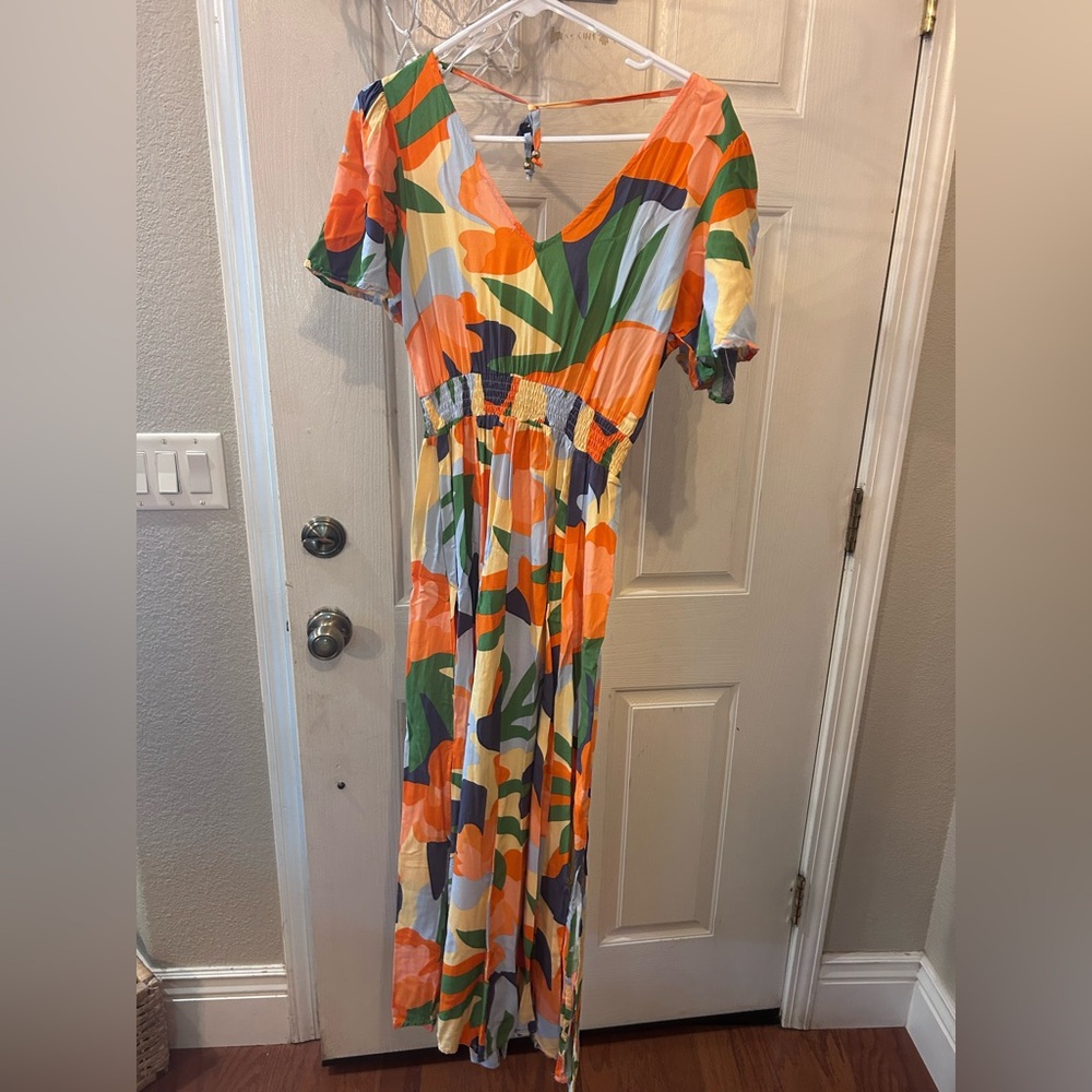 V-Neck Orange Abstract Print Maxi Dress